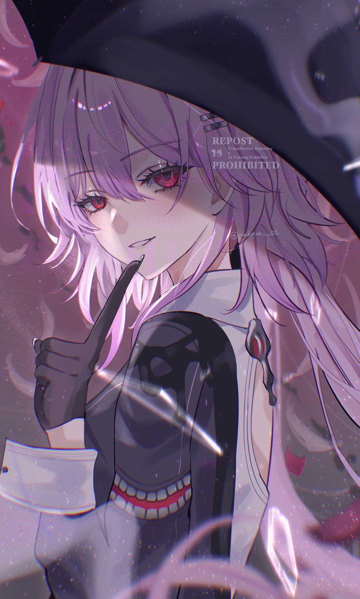 nukoxx 02, evernight (honkai: star rail), march 7th (honkai: star rail), honkai: star rail, honkai (series), highres, 1girl, back cutout, black dress, black flower, black gloves, black umbrella, clothing cutout, dress, finger to mouth, flower, gloves, hair flower, hair ornament, holding, holding umbrella, index finger raised, layered dress, long hair, looking at viewer, pink hair, red eyes, single bare shoulder, solo, umbrella, upper body, watermark, white dress