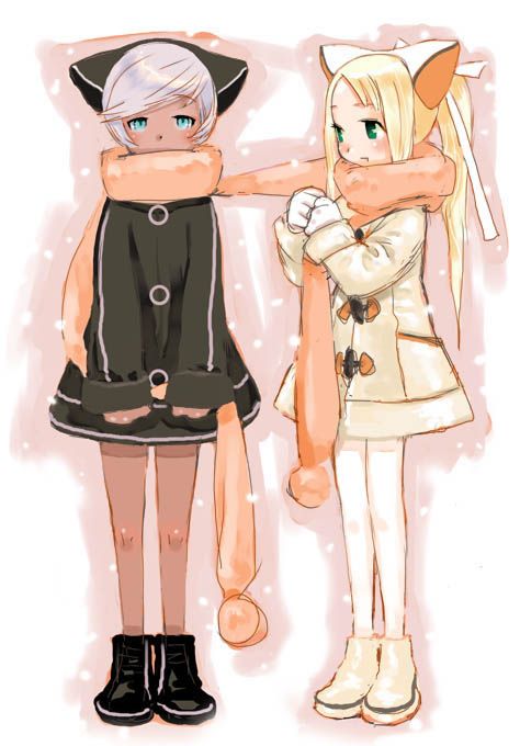 white legwear, 2girls, animal ears, cat ears, multiple girls, orange scarf, pantyhose, scarf, shared clothes, shared scarf