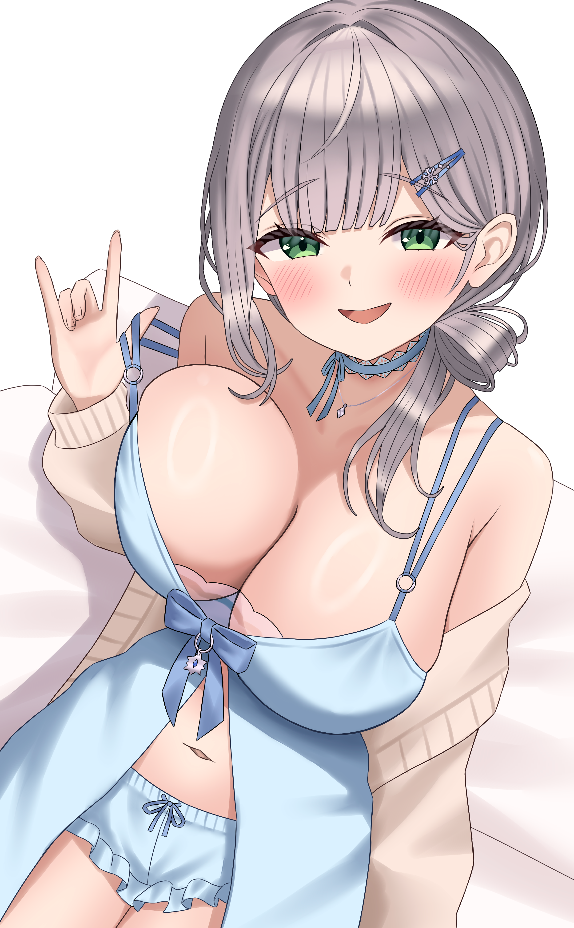 kumoru (kumoru 145), shirogane noel, hololive, absurdres, highres, 1girl, bare shoulders, blue choker, blue shorts, blush, breasts, camisole, choker, cleavage, grey hair, hair ornament, hairclip, large breasts, long sleeves, looking at viewer, medium hair, off shoulder, pillow, shorts, simple background, sitting, smile, solo, sweater, white background, yellow sweater