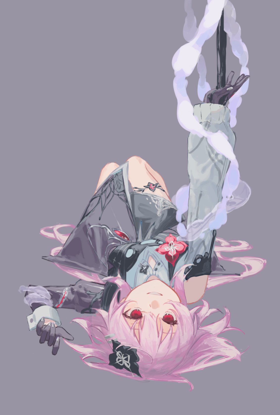 evernight (honkai: star rail), march 7th (honkai: star rail), honkai: star rail, honkai (series), highres, 1girl, akaguchi 35, black dress, black flower, black gloves, dress, flower, gloves, grey background, hair flower, hair ornament, layered dress, long hair, lying, on back, parted lips, pink hair, red eyes, red flower, simple background, smile, solo, white dress