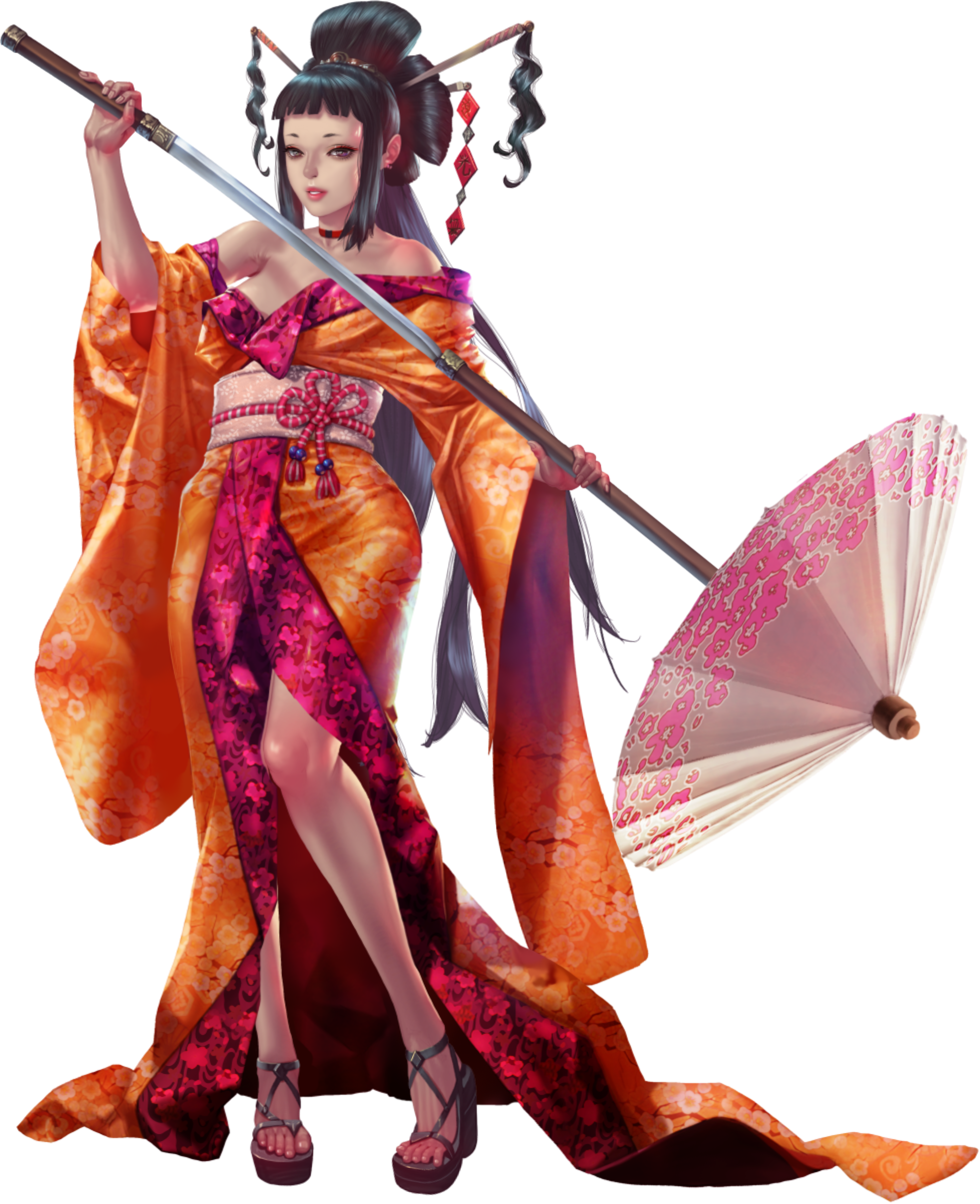 crystal maiden (series), absurdres, artist request, game cg, highres, official art, variant set, 1girl, bare shoulders, black hair, breasts, brown eyes, collar, concealed weapon, floral print, full body, holding, holding sword, holding weapon, japanese clothes, katsumi (crystal maidens), long hair, oil-paper umbrella, solo, sword, transparent background, umbrella, very long hair, weapon