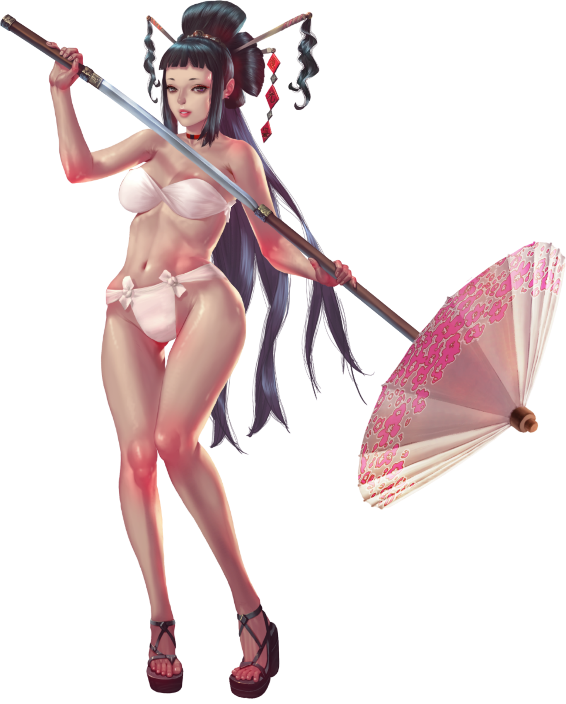 crystal maiden (series), absurdres, artist request, game cg, highres, official art, variant set, 1girl, bad anatomy, bare legs, bare shoulders, black hair, bra, breasts, brown eyes, cleavage, collar, concealed weapon, full body, groin, holding, holding sword, holding weapon, katsumi (crystal maidens), long hair, oil-paper umbrella, panties, solo, sword, transparent background, umbrella, underwear, very long hair, weapon, white bra, white panties