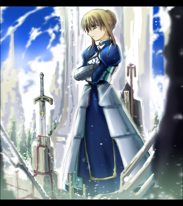artoria pendragon (fate), saber (fate), fate/stay night, fate (series), 00s, 1girl, armor, armored dress, blonde hair, dress, faulds, female focus, green eyes, letterboxed, solo