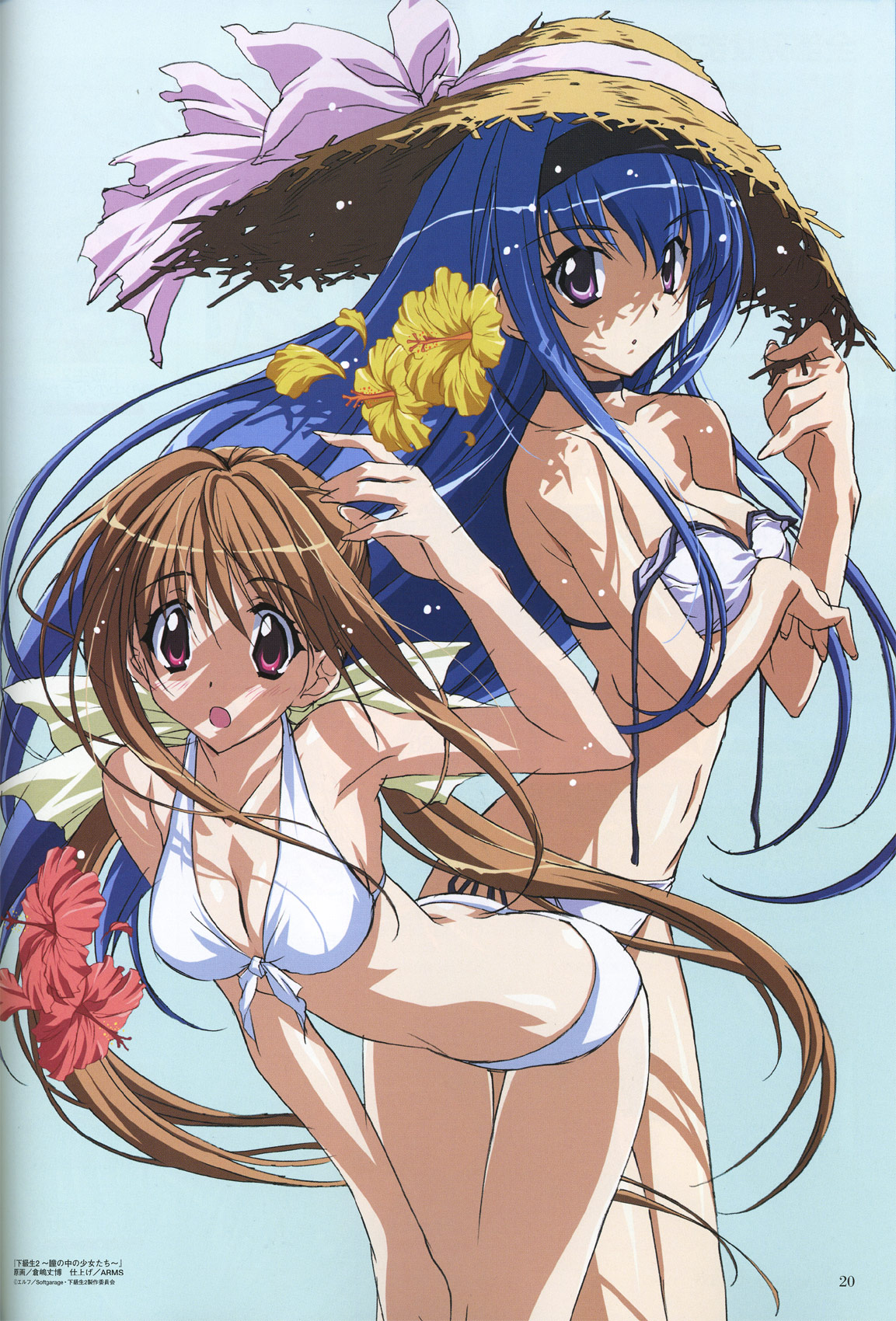 kadoi aya, kurashima tomoyasu, saimon tamaki, takatoo nanase, kakyuusei (series), kakyuusei 2, highres, 2girls, bikini, blue hair, brown hair, choker, flower, hairband, hat, hibiscus, long hair, multiple girls, purple eyes, red eyes, straw hat, swimsuit