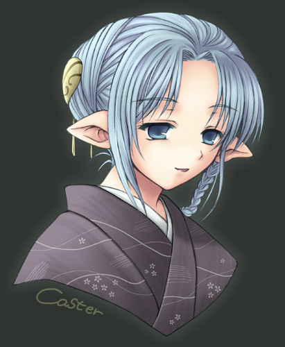 medea (caster) (fate), medea (fate), fate/stay night, fate (series), lowres, 00s, 1girl, blue eyes, blue hair, braid, character name, female focus, floral print, grey background, hair ornament, japanese clothes, kimono, lipstick, makeup, matching hair/eyes, parted bangs, pointy ears, simple background, smile, solo, upper body