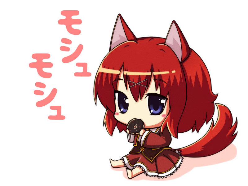 hekoningyou (waraningyou), masaki gaillard, amairo islenauts, commentary request, 1girl, animal ears, blue eyes, blush stickers, chibi, chibi only, chocolate donut, donut, eating, food, food in mouth, full body, hair between eyes, hair ornament, holding, holding donut, holding food, jacket, long sleeves, medium hair, red hair, red jacket, red skirt, school uniform, simple background, sitting, skirt, solo, sound effects, tail, white background, wide sleeves, wolf ears, wolf girl, wolf tail, x hair ornament