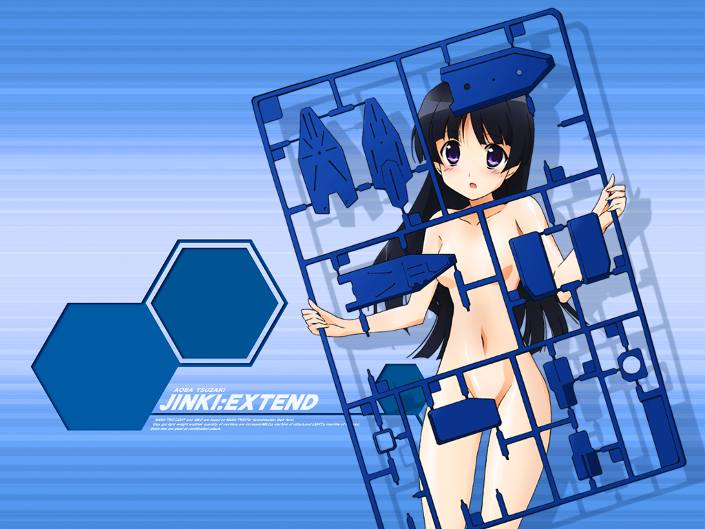 tsunashima shirou, tsuzaki aoba, jinki, 00s, 1girl, black hair, censored, convenient censoring, female focus, gradient background, long hair, model kit, navel, nude, purple eyes, solo, standing