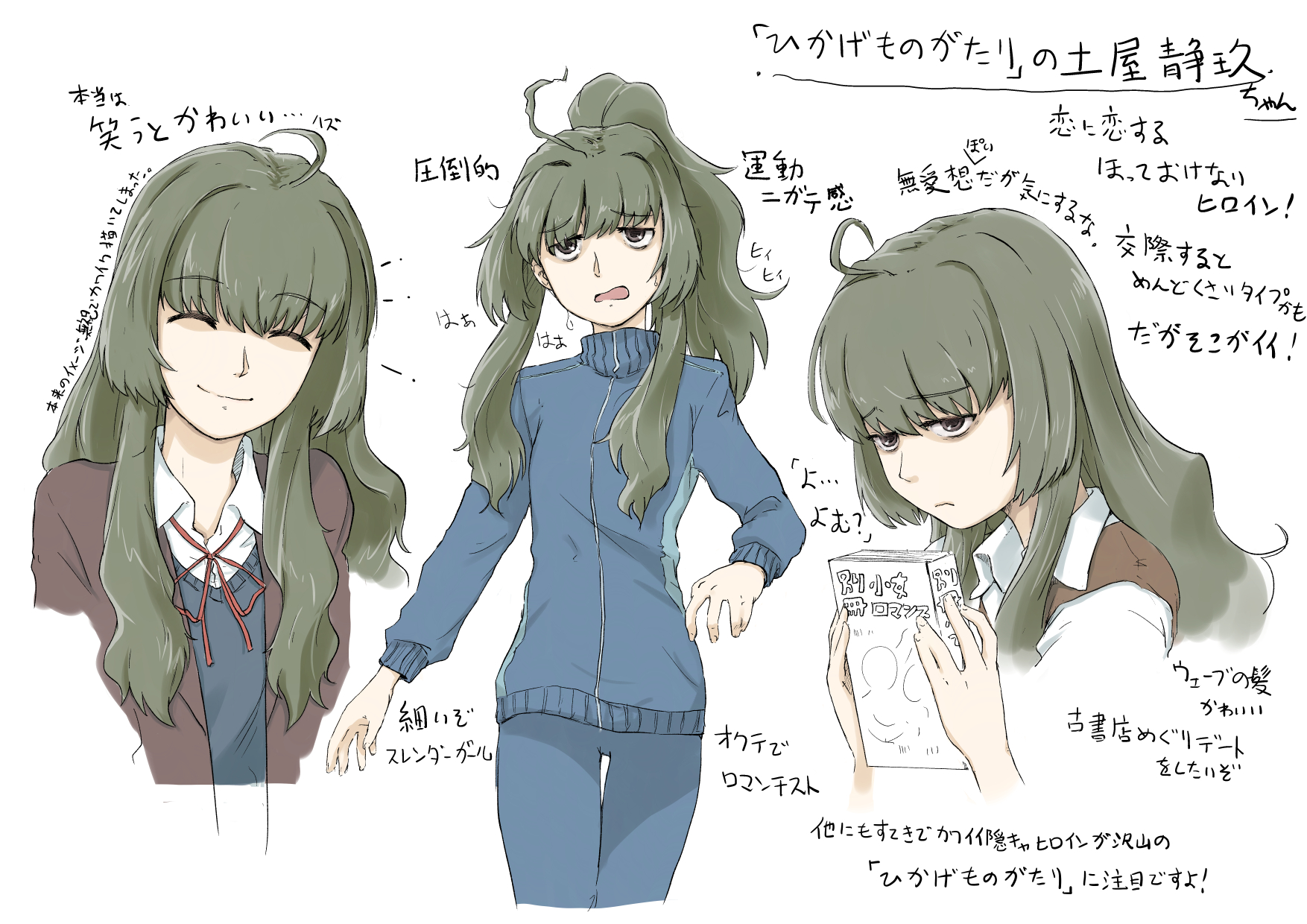 mutou youshun, tsuchiya shizuku, hikage monogatari, highres, 1girl, ahoge, bags under eyes, blue jacket, blue vest, brown hair, closed eyes, high ponytail, jacket, long hair, ponytail, smile, sweater vest, track jacket, track suit, vest, white background