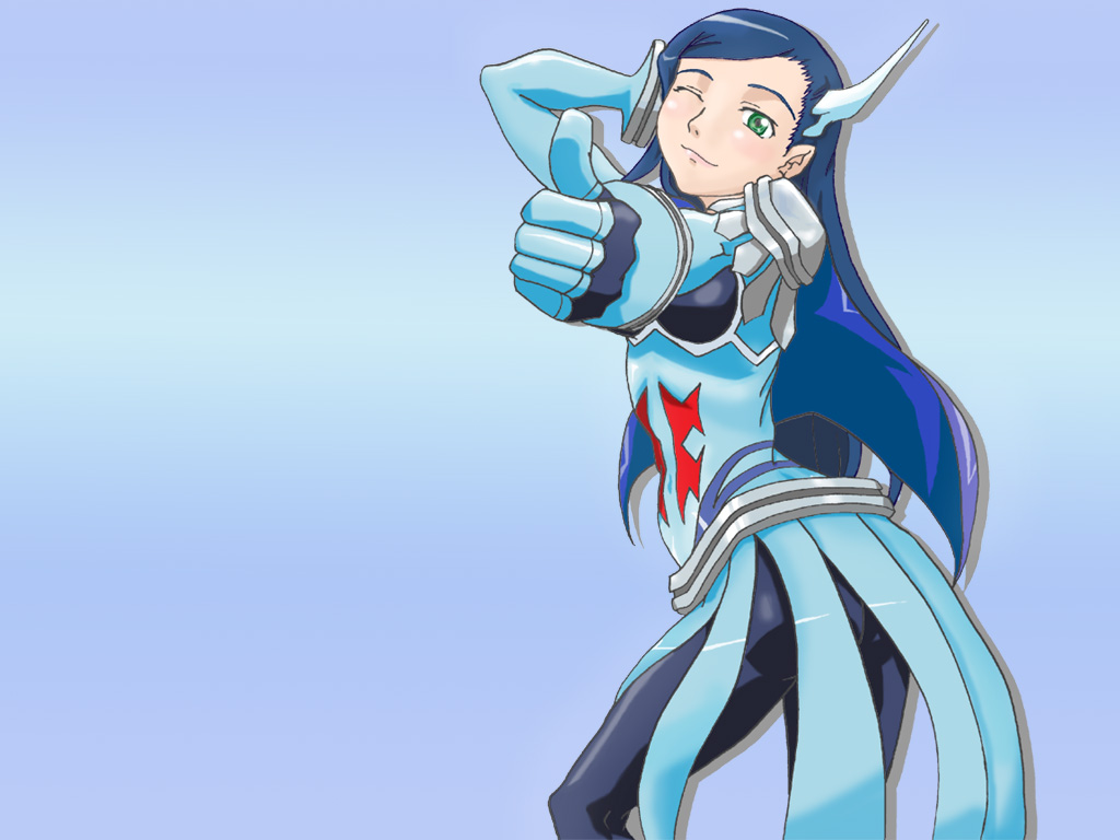 natsuki kruger, my-otome, 00s, 1girl, battlesuit, blue background, female focus, gradient background, green eyes, one eye closed, simple background, solo, thumbs up, wink