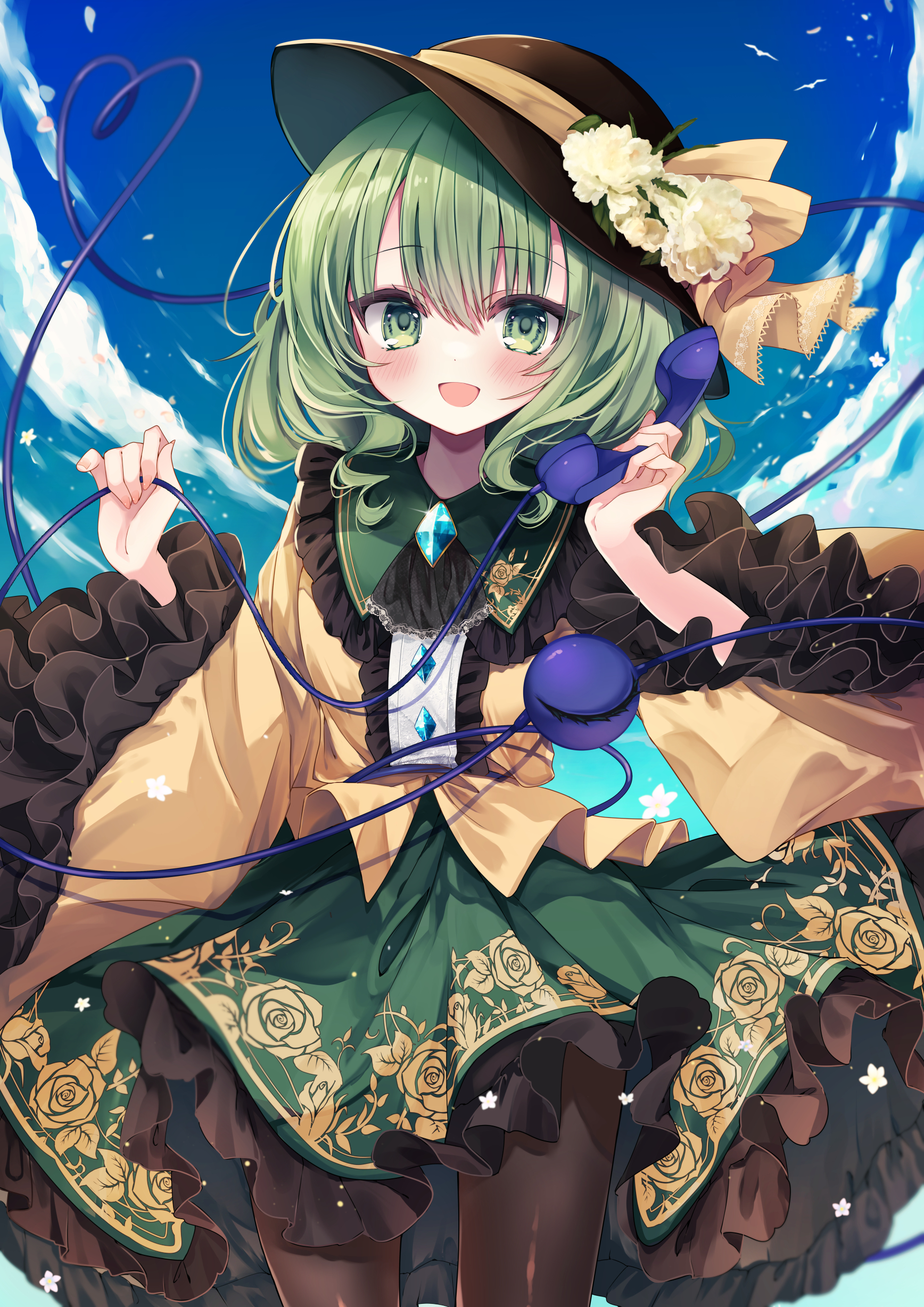 kasane (cynthia), komeiji koishi, touhou, absurdres, commentary request, highres, 1girl, :d, ascot, bird, black ascot, black hat, black pantyhose, blue sky, blush, buttons, center frills, cloud, collared shirt, contrast collar, corded phone, cowboy shot, day, diamond (shape), diamond button, embellished costume, eyeball, falling flower, falling petals, floral print, flower, frilled shirt collar, frilled skirt, frilled sleeves, frills, green eyes, green hair, green skirt, hair between eyes, hands up, hat, hat flower, hat ribbon, heart, heart of string, holding, holding phone, long sleeves, looking at viewer, medium hair, one eye closed, open mouth, outdoors, pantyhose, petals, phone, pink petals, ribbon, rose print, shirt, skirt, sky, smile, solo, third eye, tilted headwear, white flower, wide sleeves, yellow ribbon, yellow shirt