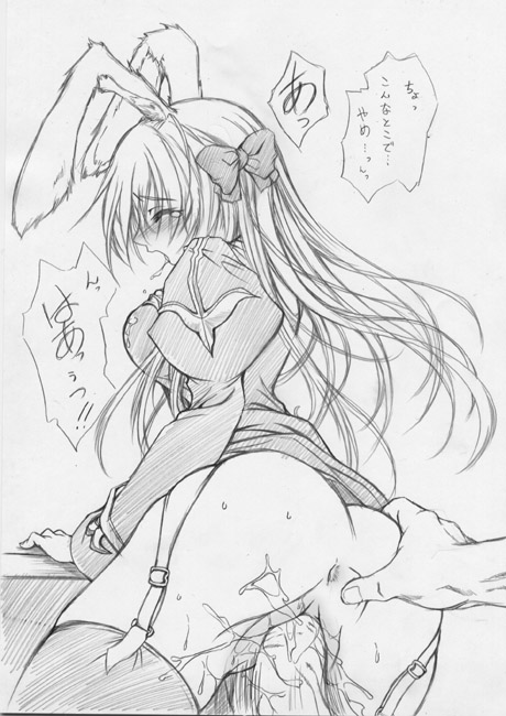 mio (fastest lap), priest (ragnarok online), ragnarok online, 1girl, animal ears, anus, ass, bent over, blush, bow, closed eyes, clothes lift, cum, dress, dress lift, garter straps, grabbing another's ass, greyscale, groping, hair bow, monochrome, open mouth, penis, priest, priestess, rabbit ears, ribbon, saliva, sex, solo focus, text focus, thighhighs, uncensored, vaginal, white background