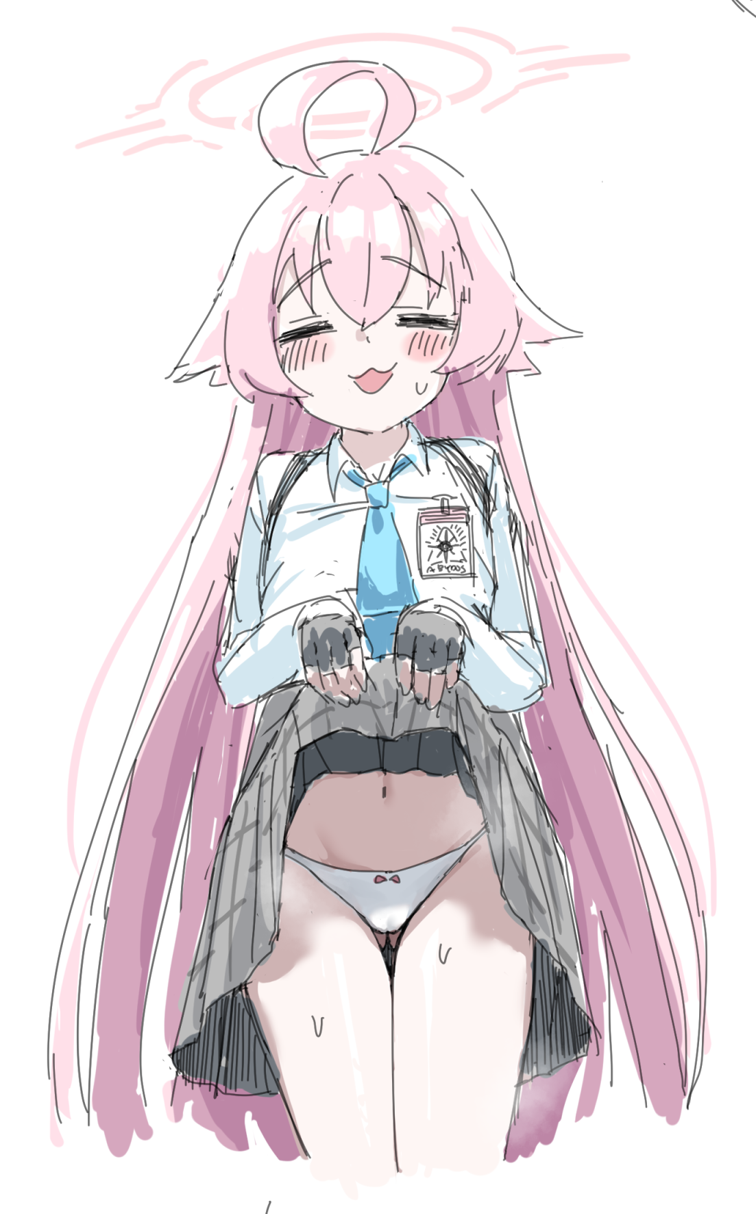 kuragesensei, hoshino (blue archive), blue archive, highres, 1girl, :d, ahoge, black gloves, blue necktie, closed eyes, clothes lift, fingerless gloves, gloves, grey skirt, halo, lifting own clothes, necktie, open mouth, panties, pink halo, shirt, simple background, skirt, skirt lift, smile, solo, underwear, white background, white panties, white shirt
