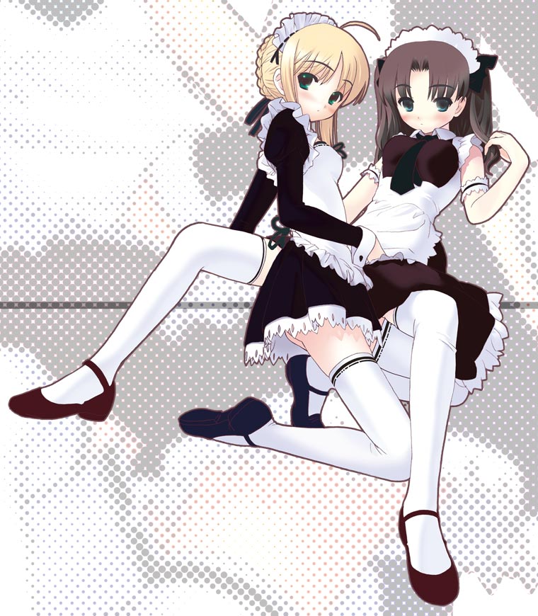 houmitsu, artoria pendragon (fate), saber (fate), tohsaka rin, fate/stay night, fate (series), 00s, 2girls, ahoge, alternate costume, apron, arm garter, blonde hair, frottage, maid, maid apron, multiple girls, thighhighs, yuri, zettai ryouiki