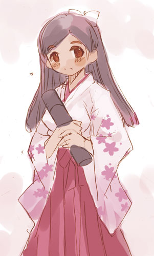momiji mao, lowres, 1girl, blush, bow, brown eyes, brown hair, cowboy shot, diploma, female focus, floral print, hair bow, hakama, hakama skirt, holding, holding diploma, japanese clothes, kimono, long hair, long sleeves, looking at viewer, meiji schoolgirl uniform, parted bangs, red hakama, sketch, skirt, smile, solo, tube, wide sleeves