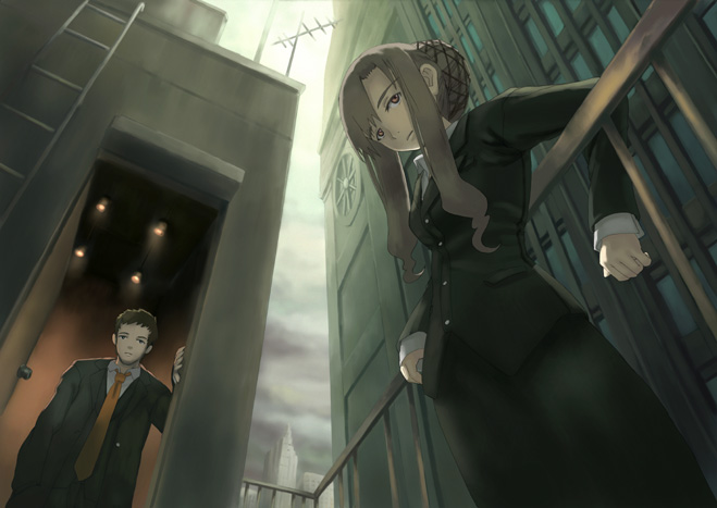 juumonji, original, 1boy, 1girl, against railing, building, city, cloud, expressionless, formal clothes, from below, looking at viewer, outdoors, railing