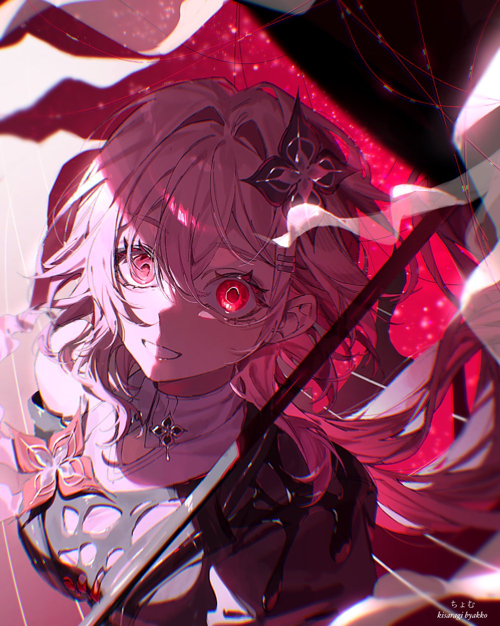 kisaragi byakko, evernight (honkai: star rail), march 7th (honkai: star rail), honkai: star rail, honkai (series), highres, 1girl, artist name, black dress, black flower, dress, flower, hair flower, hair ornament, holding, holding umbrella, layered dress, long hair, looking at viewer, parted lips, pink hair, red eyes, shade, sidelighting, single bare shoulder, smile, solo, umbrella, upper body, white dress