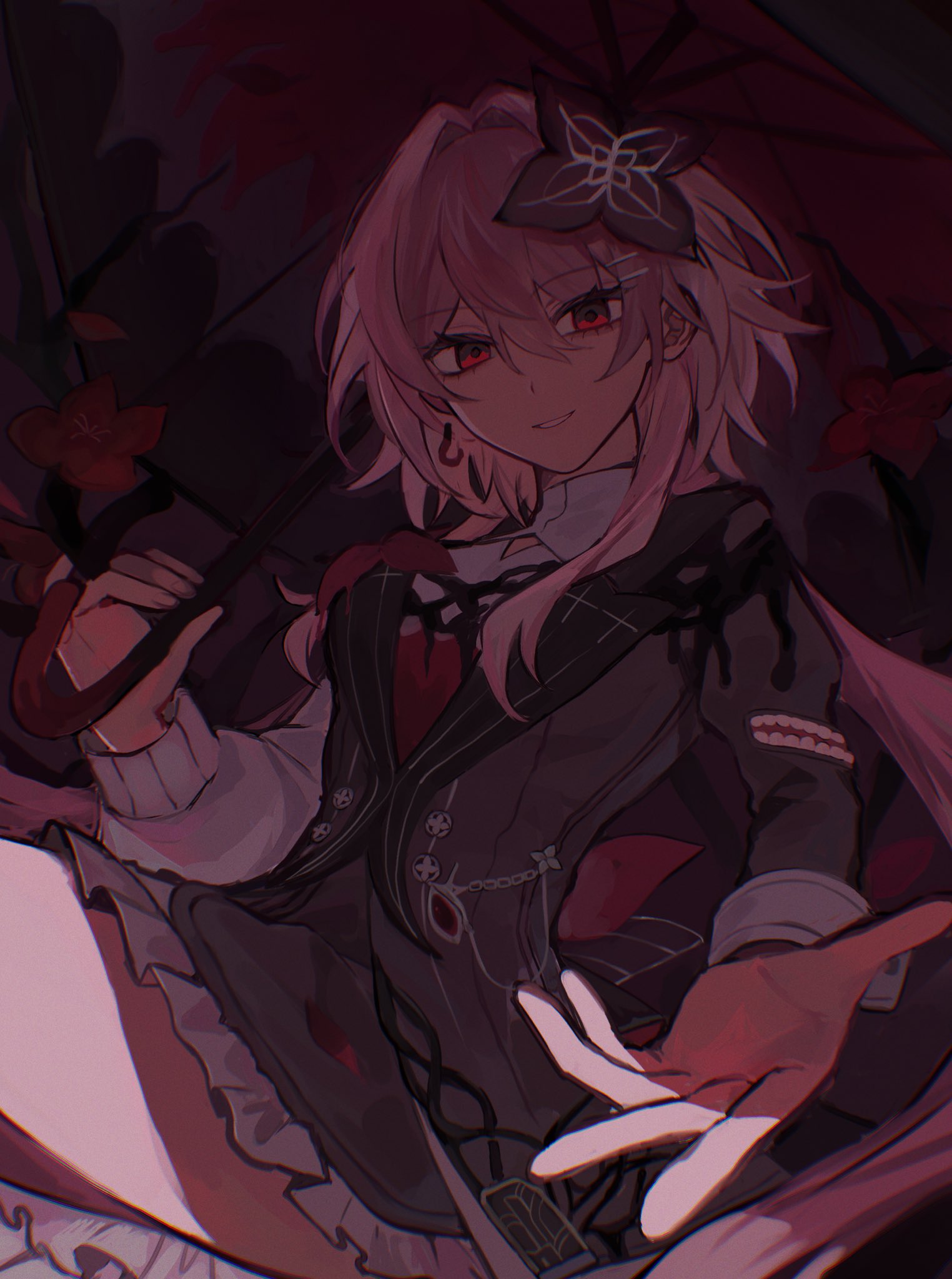 evernight (honkai: star rail), march 7th (honkai: star rail), honkai: star rail, honkai (series), highres, 1girl, black dress, black flower, black umbrella, dress, earrings, flower, hair flower, hair ornament, holding, holding umbrella, jewelry, layered dress, long hair, long sleeves, looking at viewer, mito ziu, pink hair, reaching, reaching towards viewer, red eyes, shade, single bare shoulder, single earring, solo, umbrella, white dress