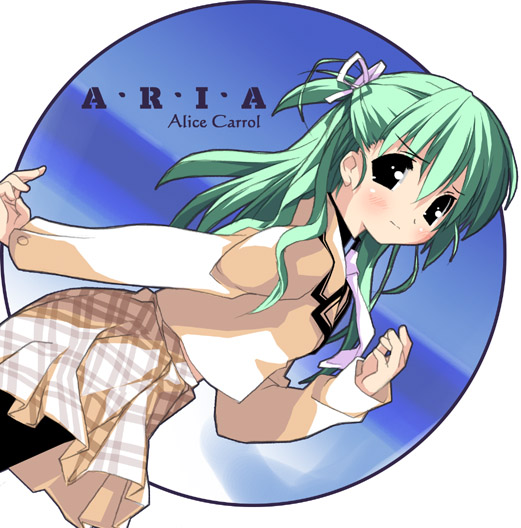 kantoku, alice carroll, aria (manga), 00s, dutch angle, green hair, hair ribbon, long hair, miniskirt, pantyhose, ribbon, skirt, solo, text focus, thighhighs