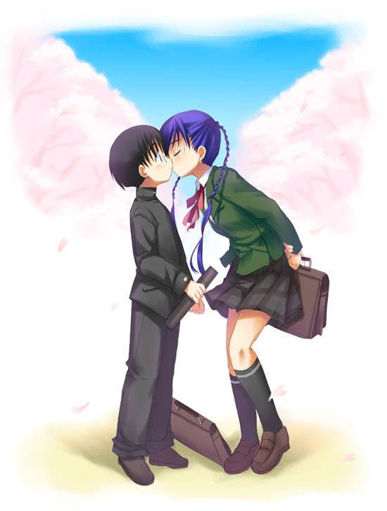 al, zono (rinkara-sou), aika granzchesta, albert pitt, aria (manga), 00s, alternate costume, arms behind back, bag, blazer, contemporary, glasses, jacket, kiss, pleated skirt, school bag, school uniform, skirt, surprised