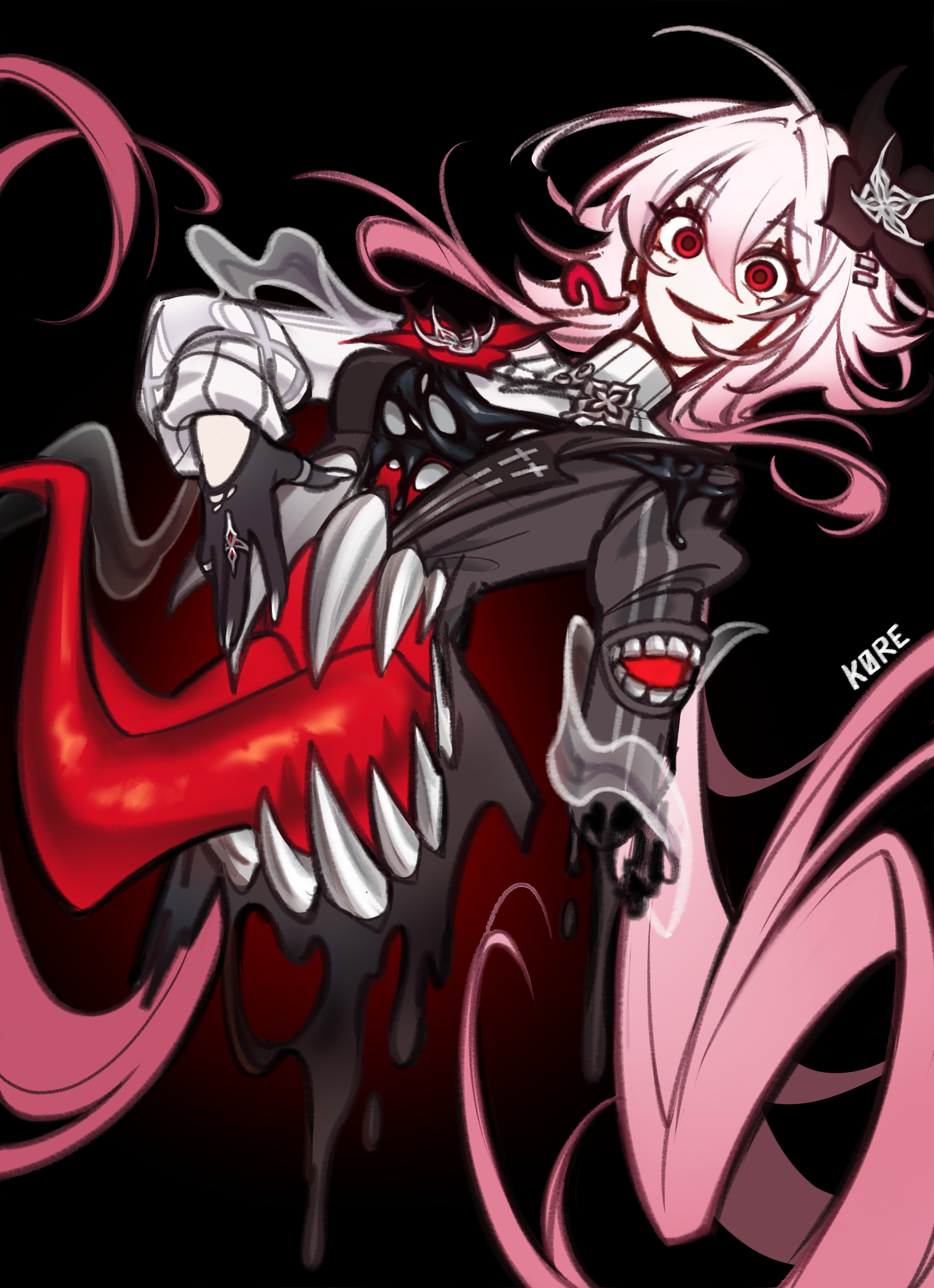 k0re drawings, evernight (honkai: star rail), march 7th (honkai: star rail), honkai: star rail, honkai (series), absurdres, highres, 1girl, black background, black dress, black flower, black gloves, dissolving, dress, extra mouth, flower, gloves, hair flower, hair ornament, layered dress, long hair, looking at viewer, pink hair, red eyes, sharp teeth, simple background, single bare shoulder, smile, solo, stomach mouth, teeth, tongue