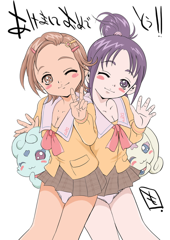 choppy, flappy, hyuuga saki, mishou mai, futari wa precure splash star, precure, 00s, 2girls, lace, lace-trimmed panties, lace trim, long sleeves, multiple girls, one eye closed, panties, school uniform, standing, underwear, v, white panties, wink, yuunagi middle school uniform