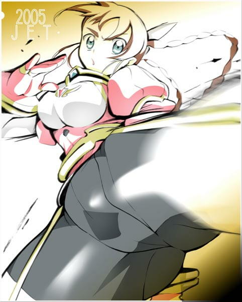 arika yumemiya, my-otome, 00s, 1girl, black pants, blonde hair, braid, breasts, collar, female focus, from below, gem, gloves, gradient background, hair ribbon, juliet sleeves, kicking, large breasts, long hair, long sleeves, looking at viewer, looking down, medium breasts, motion blur, orange hair, pants, pink gloves, puffy sleeves, ribbon, solo, twin braids, underbust, white ribbon