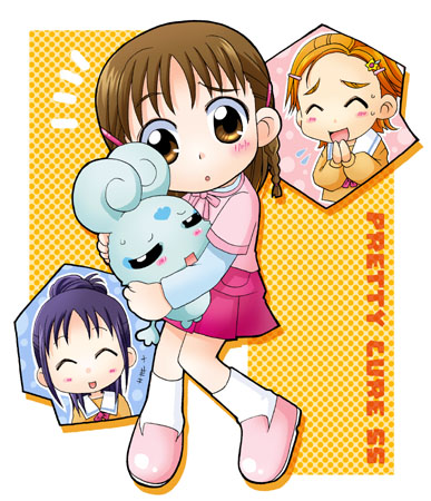 flappy, hyuuga minori, hyuuga saki, mishou mai, futari wa precure splash star, precure, lowres, 00s, 3girls, braid, chibi, chibi only, high ponytail, hug, layered sleeves, long sleeves, looking at viewer, multiple girls, pink shoes, ponytail, raised eyebrows, school uniform, shoes, short over long sleeves, short sleeves, twin braids, yuunagi middle school uniform