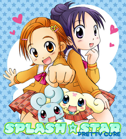 choppy, flappy, hyuuga saki, mishou mai, futari wa precure splash star, precure, lowres, 00s, 2girls, chibi, chibi only, half updo, high ponytail, long sleeves, multiple girls, plaid clothes, plaid skirt, ponytail, school uniform, skirt, star (symbol), star symbol background, yuunagi middle school uniform