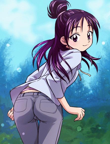 mishou mai, futari wa precure splash star, precure, 00s, ass, looking back, pants, purple hair, thong, wedgie