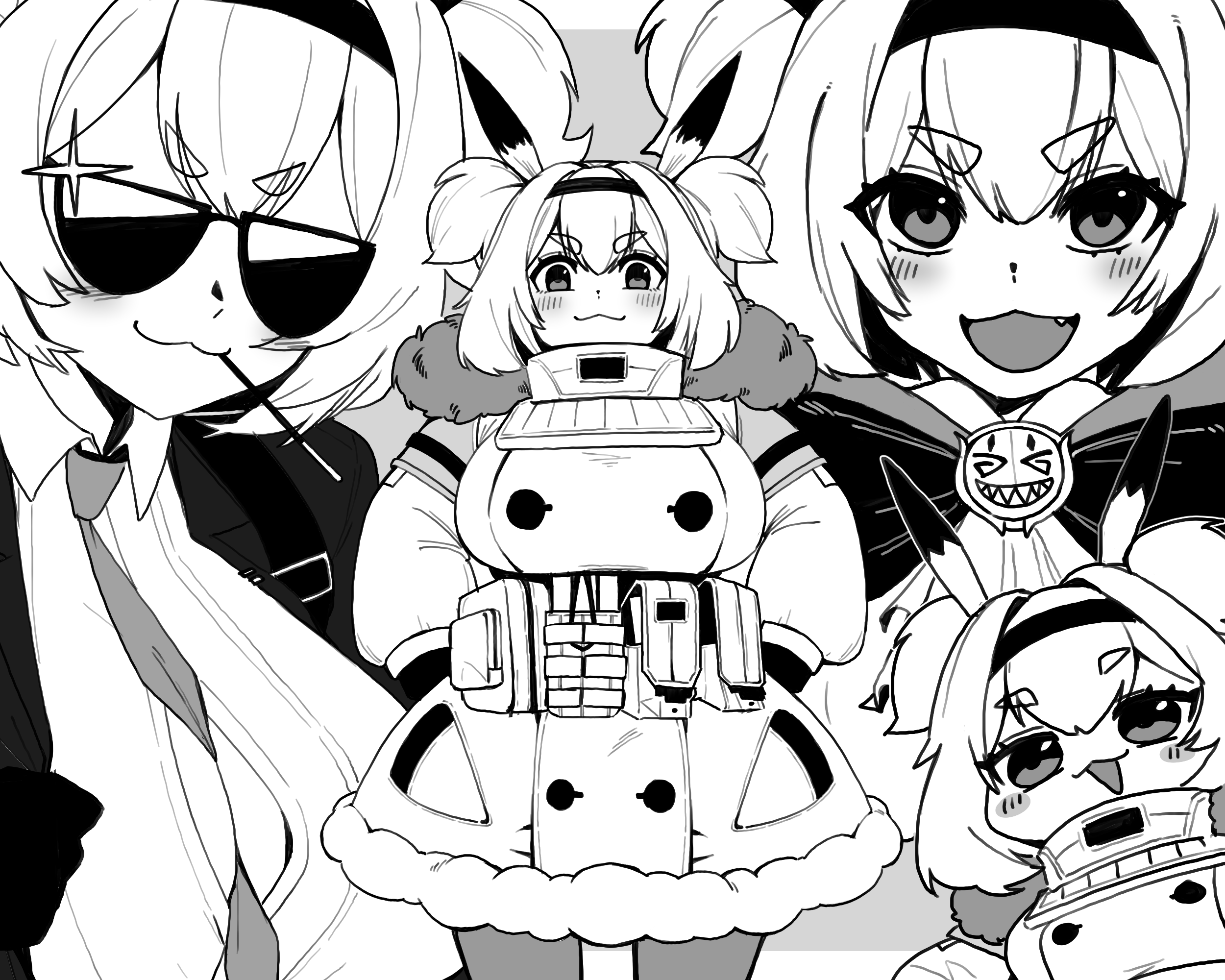 7a (se7ena), alvis (last origin), last origin, commentary, commission, english commentary, highres, mixed-language commentary, 1girl, :3, blush, border, breasts, chibi, chibi inset, closed mouth, coat, double-parted bangs, fang, fur-trimmed coat, fur trim, grey background, greyscale, hairband, large breasts, long sleeves, looking at viewer, monochrome, mouth hold, multiple views, official alternate costume, open mouth, outside border, short hair, simple background, smile, sunglasses, thick eyebrows, two side up, v-shaped eyebrows, white border