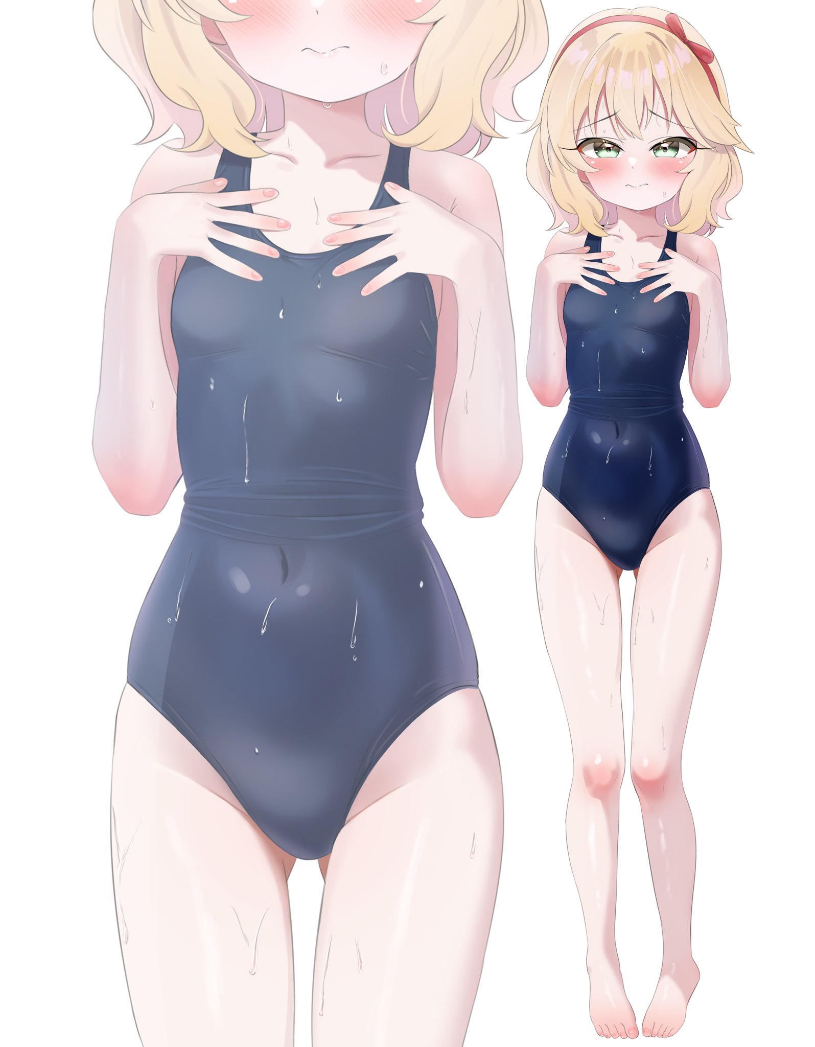 fella (vpffk0731), sakurai momoka, idolmaster, idolmaster cinderella girls, idolmaster cinderella girls u149, highres, 1girl, bare arms, bare legs, barefoot, blonde hair, blush, breasts, closed mouth, collarbone, covered navel, dot nose, full body, green eyes, half-closed eyes, knees, looking at viewer, medium hair, multiple views, one-piece swimsuit, school swimsuit, simple background, small breasts, solo, standing, swimsuit, thighs, wet, white background
