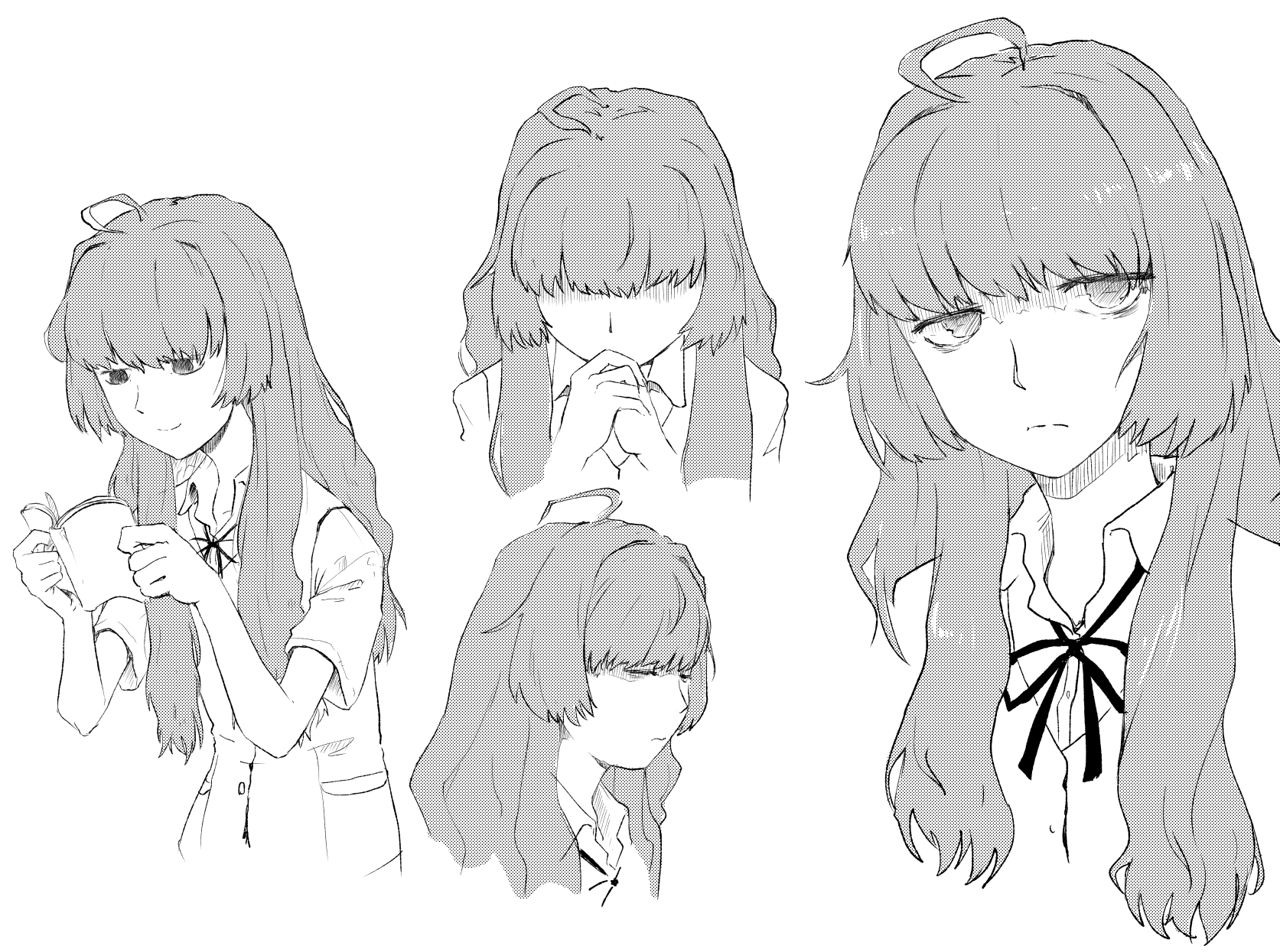 mutou youshun, tsuchiya shizuku, hikage monogatari, highres, 1girl, ahoge, blush, book, greyscale, hair over eyes, holding, holding book, light frown, long hair, monochrome, multiple views, open book, own hands together, reading, school uniform, short sleeves, white background