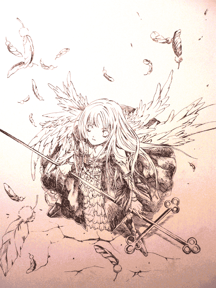 mizusawa hikaru, original, 1girl, crack, cracked floor, falling feathers, feathers, female focus, goth fashion, monochrome, solo, wings
