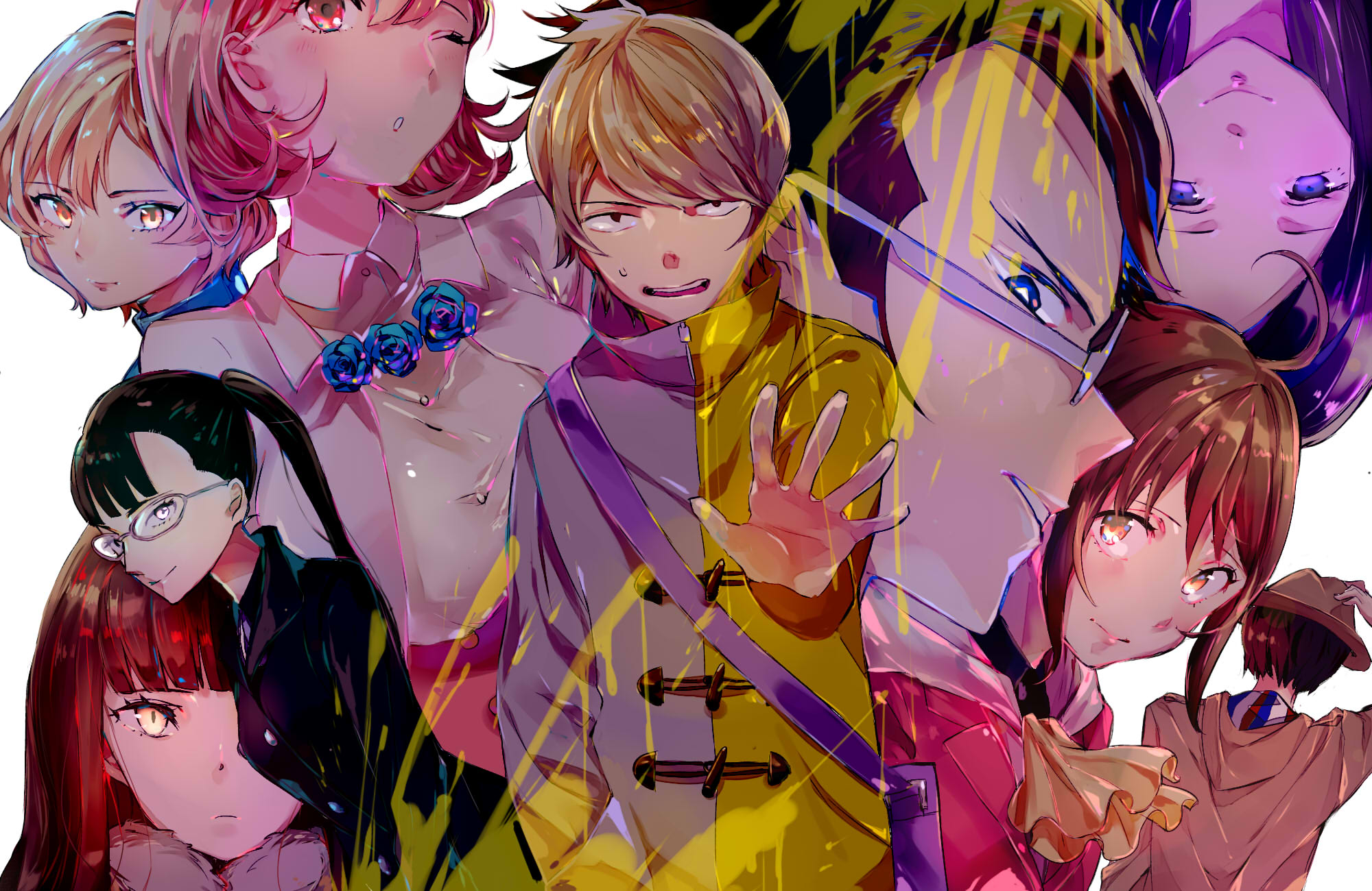 enpitsu hb, aikawa miyuu, gamon yuuta, hashigami sarai, kurenaino aria, moritsuka shun, narusawa ryouka, nishizono ririka, sumikaze touko, occultic;nine, science adventure, highres, 3boys, 6+girls, :o, ahoge, ascot, black boots, black eyes, black hair, black hairband, black jacket, blazer, blonde hair, blue jacket, blue pantyhose, blue sweater, blunt bangs, boots, bow, breasts, brown coat, brown eyes, brown hair, brown jacket, buttons, capelet, coat, double-breasted, dress bow, dress shirt, everyone, expressionless, fedora, fur-trimmed capelet, fur trim, glasses, grey eyes, grey neckerchief, grin, hair ornament, hairband, hairclip, hat, headband, high ponytail, hood, hoodie, huge breasts, jacket, kisaki asuna, leather, leather jacket, long hair, long sleeves, looking at viewer, medium breasts, multicolored coat, multiple boys, multiple girls, neckerchief, nervous sweating, one eye closed, open clothes, open coat, pantyhose, parted lips, pink hoodie, ponytail, purple eyes, purple headband, reaching, reaching towards viewer, red capelet, school uniform, shirt, short hair, sideways glance, small breasts, smile, suit jacket, sweat, sweater, white coat, white jacket, white shirt, yellow ascot, yellow coat, yellow eyes, yellow hood