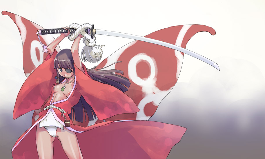takeda sun, 1girl, bug, butterfly, eyepatch, female focus, insect, japanese clothes, katana, nipples, solo, sword, weapon