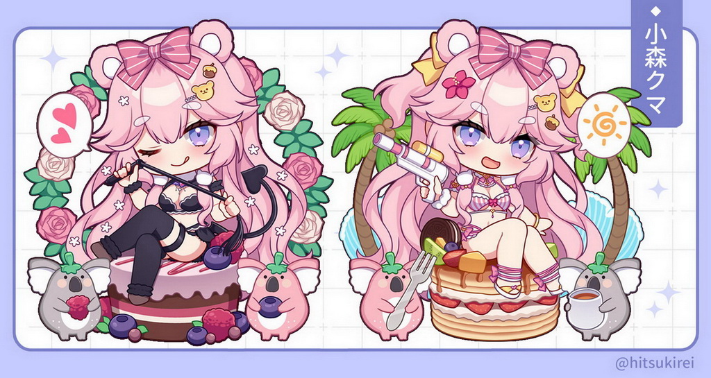 hitsuki rei, check copyright, commentary request, copyright request, translation request, 1girl, animal, animal ears, bear ears, bikini, black skirt, black thighhighs, blue border, blueberry, border, bow, breasts, brown shoes, cleavage, crossed legs, flower, food, fork, fruit, grid background, hair between eyes, hair bow, heart, holding, holding food, holding fork, in food, koala, komori kuma, medium breasts, mini person, minigirl, multiple views, navel, palm tree, pink bow, pink flower, pink hair, pink rose, purple eyes, rose, sandals, sheenagames, shoes, short eyebrows, sitting, skirt, sparkle, spoken heart, spoken sun, striped bikini, striped bow, striped clothes, swimsuit, thick eyebrows, thighhighs, tree, vertical-striped bikini, vertical-striped clothes, virtual youtuber, water gun, white background, white flower, white rose, white sandals, yellow bow