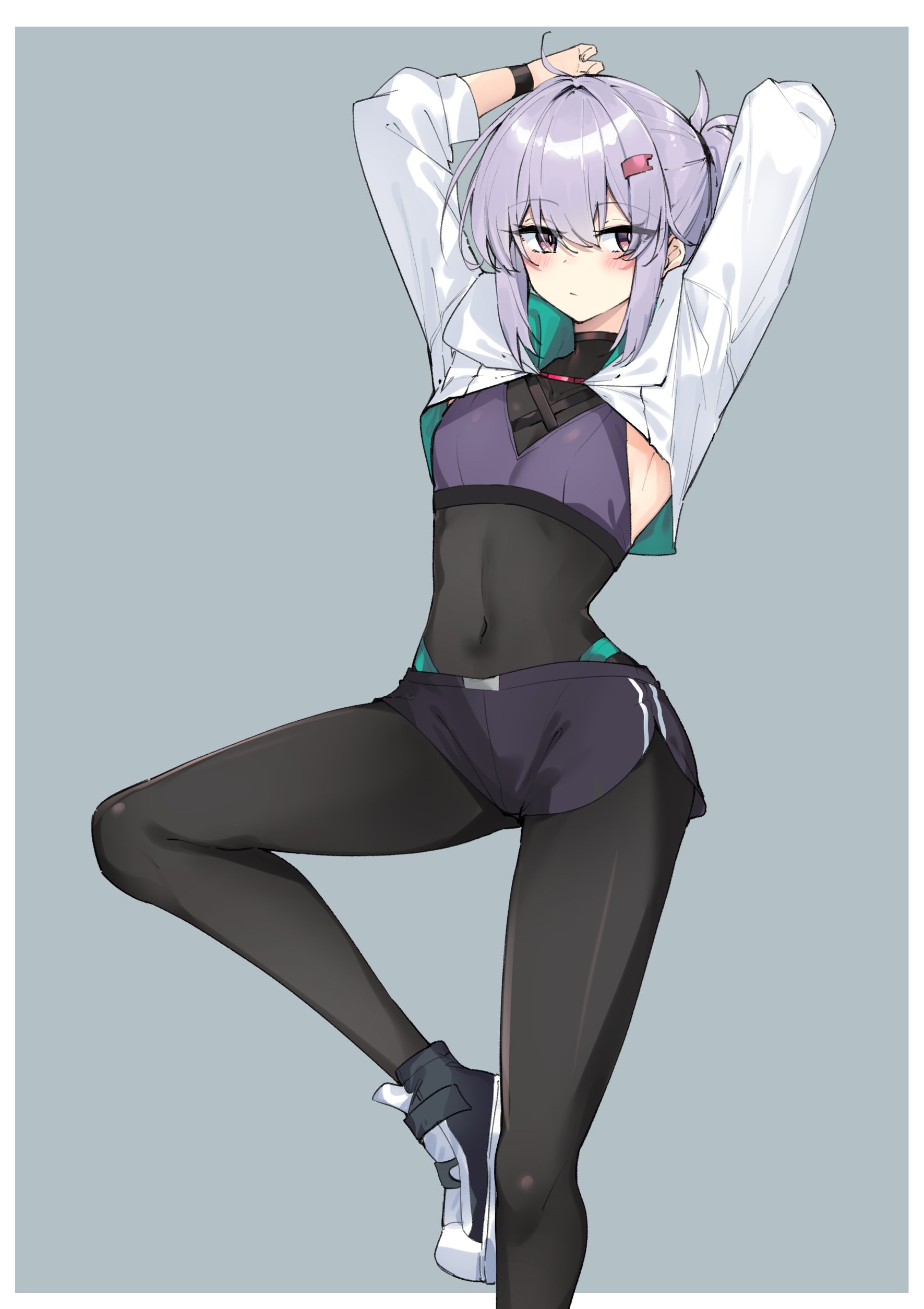 zooanime, yuzuki yukari, yuzuki yukari (shizuku), vocaloid, voiceroid, absurdres, commentary, highres, 1girl, ahoge, alternate costume, alternate hairstyle, armpit peek, arms behind head, arms up, blush, bodystocking, border, breasts, closed mouth, covered navel, cropped jacket, cross-laced clothes, cross-laced top, dolphin shorts, foot out of frame, full body, grey background, hair between eyes, hair ornament, hairclip, jacket, leg up, long sleeves, looking at viewer, medium hair, ponytail, purple eyes, purple hair, purple shorts, purple sports bra, shoes, short shorts, shorts, sidelocks, simple background, sleeveless bodystocking, sleeves pushed up, small breasts, sneakers, solo, sports bra, standing, standing on one leg, white border, white jacket, wristband