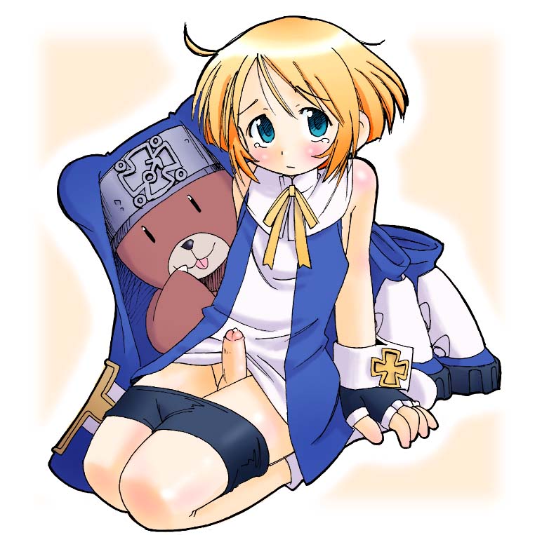 bridget (guilty gear), roger (guilty gear), arc system works, guilty gear, guilty gear xx, habit, artist request, 1boy, arm support, bike shorts, blonde hair, blue eyes, blush, clothes pull, erection, fingerless gloves, foreskin, full body, gloves, gradient background, looking at viewer, male focus, mars symbol, penis, phimosis, precum, ribbon, seiza, shorts, shorts pull, shota, sitting, small penis, solo, stuffed animal, stuffed toy, tears, teddy bear, trap, uncensored, white background