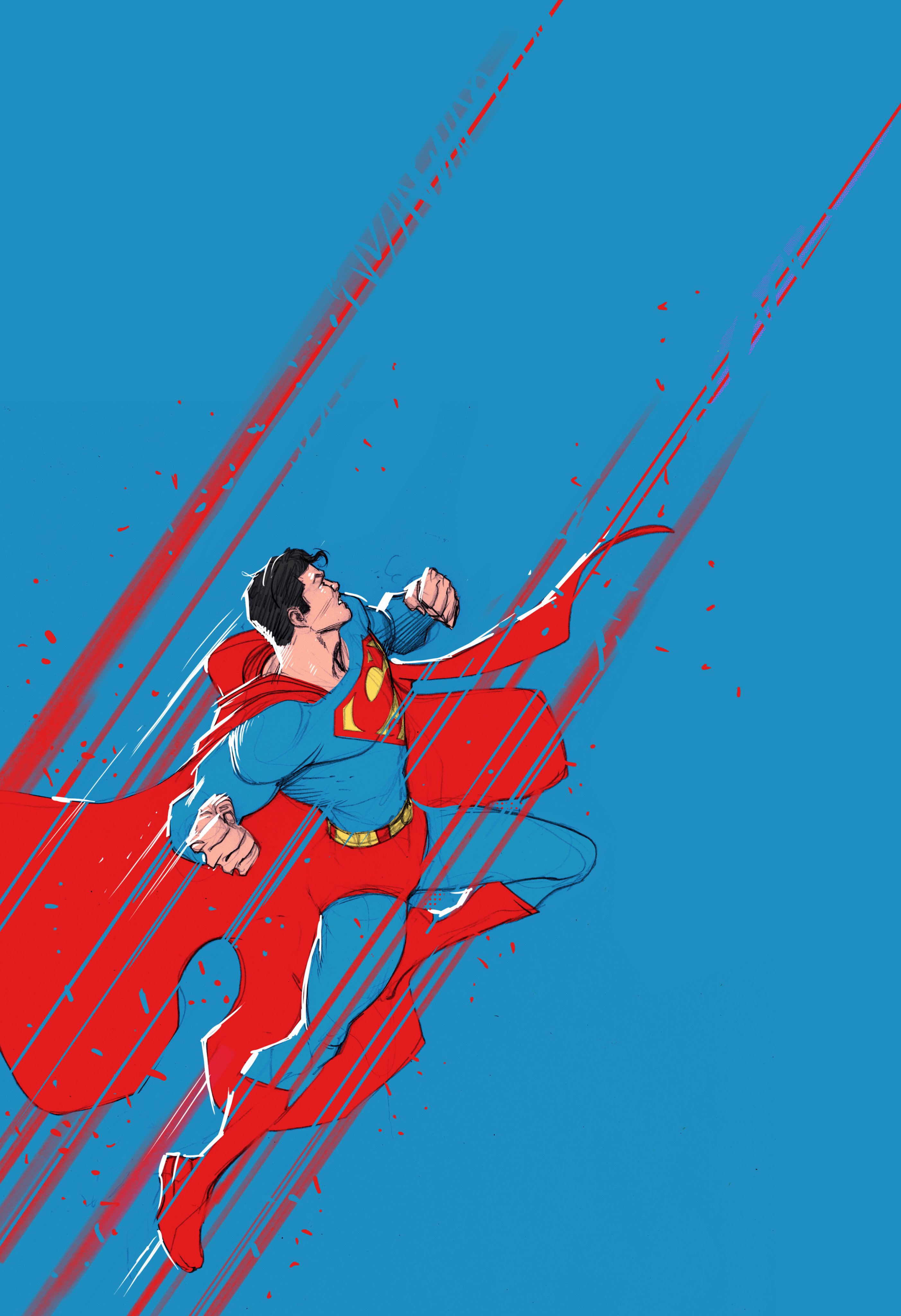 superman, dc comics, superman (series), absurdres, commentary, english commentary, highres, 1boy, arms up, belt, black hair, blue background, blue bodysuit, bodysuit, boots, cape, clenched hand, from side, full body, juaneferreyra, limited palette, male focus, motion blur, red boots, red cape, short hair, solo, superman logo, yellow belt