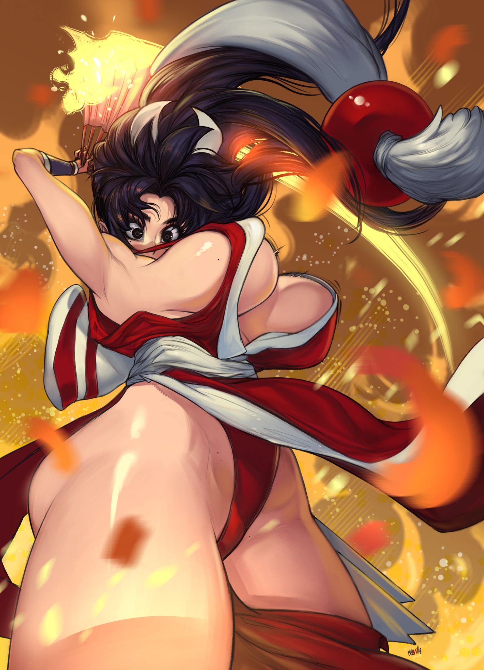 elsevilla, shiranui mai, the king of fighters, clip studio paint (medium), highres, 1girl, armpits, arms up, black eyes, black hair, bouncing breasts, breasts, cowboy shot, from below, hand fan, large breasts, long hair, pelvic curtain, solo