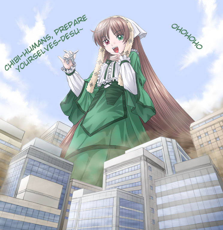 suiseiseki, rozen maiden, 00s, 1girl, aircraft, airplane, blue sky, building, city, day, female focus, giant, giantess, green eyes, headscarf, heterochromia, laughing, long hair, outdoors, red eyes, sky, skyscraper, solo, standing, very long hair, white headscarf