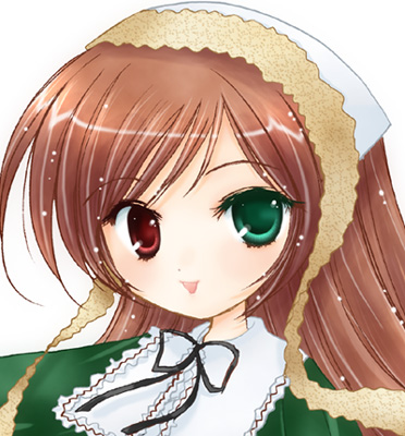 suiseiseki, rozen maiden, lowres, 00s, 1girl, female focus, headscarf, heterochromia, solo, white background, white headscarf