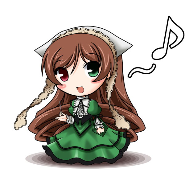 suiseiseki, rozen maiden, 00s, 1girl, chibi, chibi only, female focus, headscarf, heterochromia, long hair, musical note, quaver, solo, very long hair, white headscarf