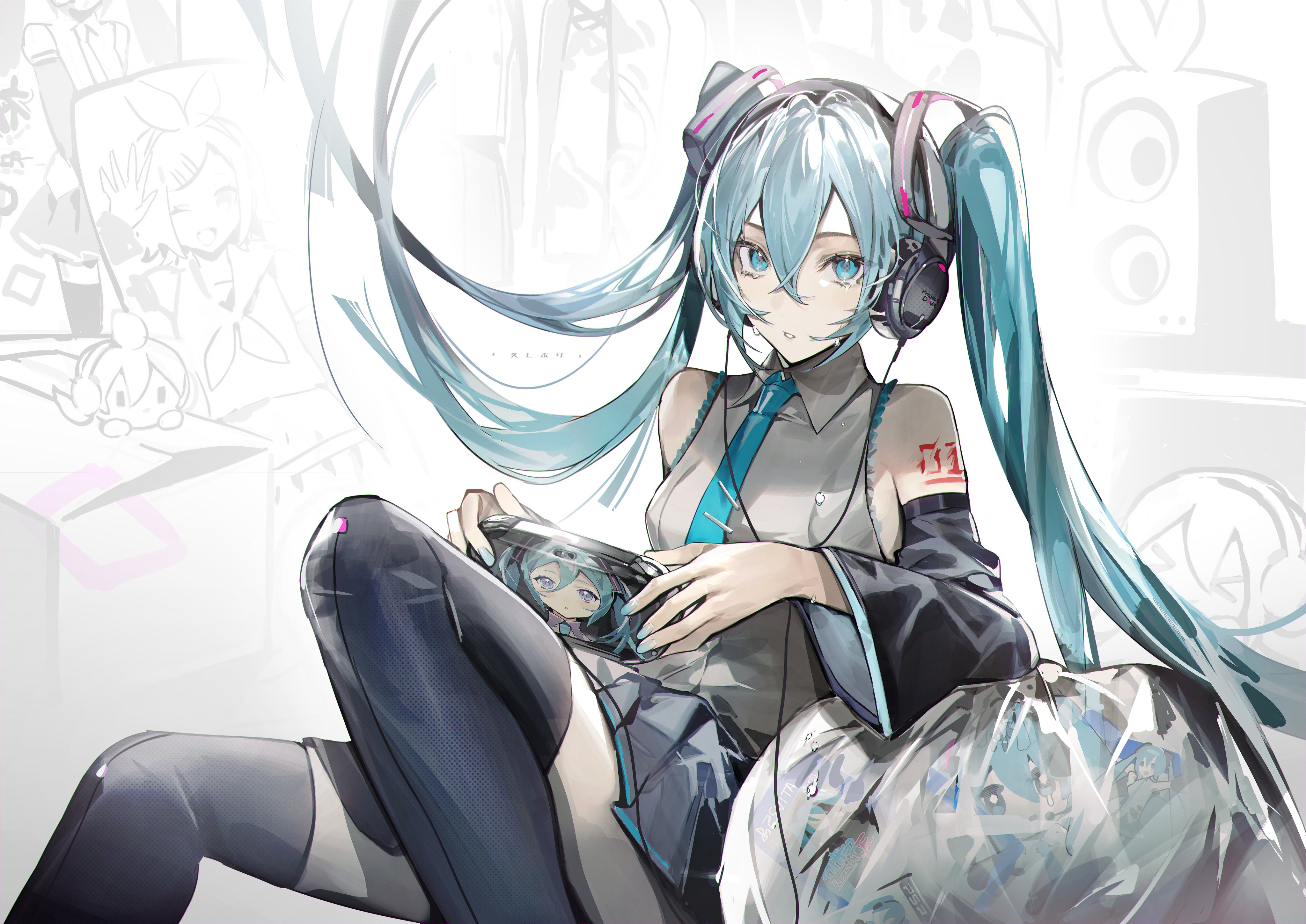 mayutsuba mono, hatsune miku, vocaloid, absurdres, highres, 1girl, aqua eyes, aqua hair, bare shoulders, black skirt, black sleeves, black thighhighs, detached sleeves, grey shirt, hair between eyes, hair ornament, headphones, holding, long hair, looking at viewer, necktie, number tattoo, parted lips, shirt, sitting, skirt, sleeveless, solo, tattoo, tears, thighhighs, twintails, very long hair