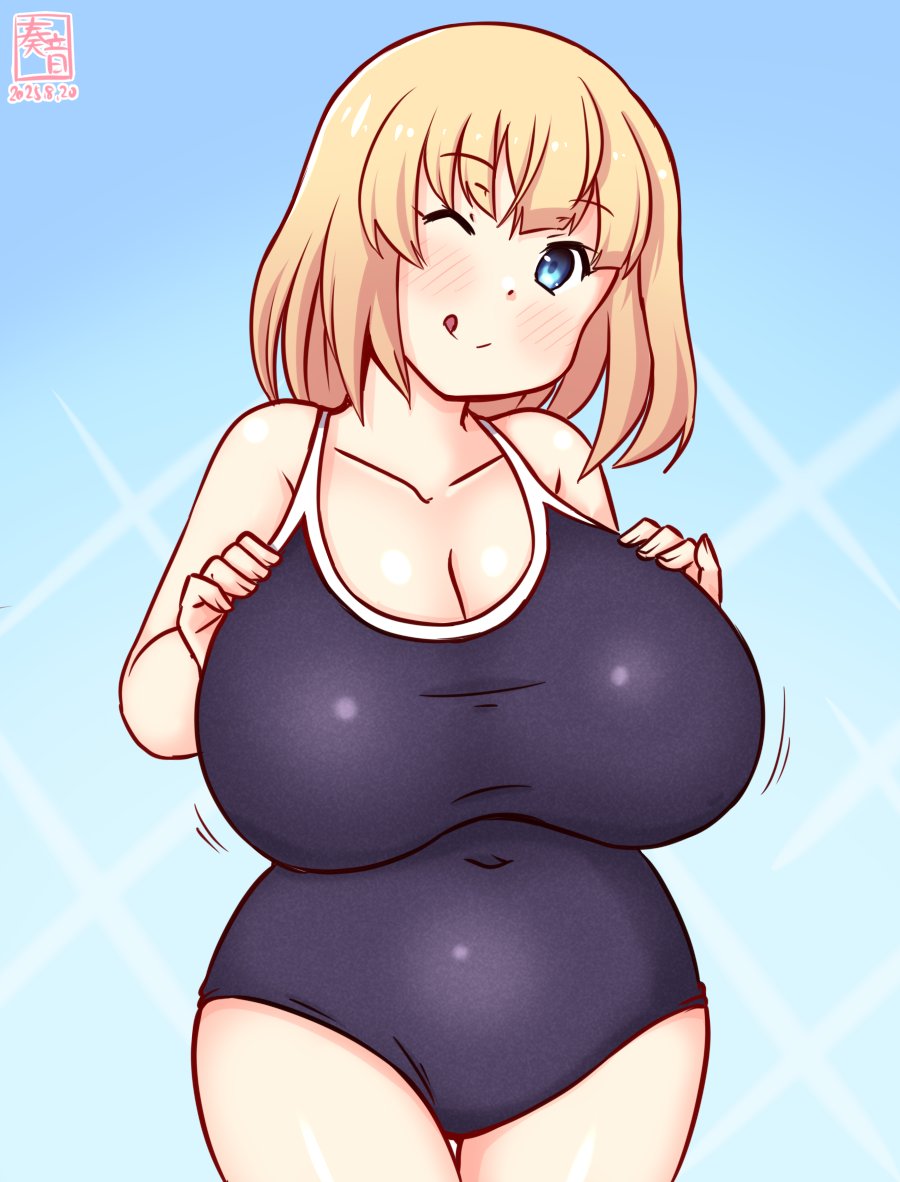 kanon (kurogane knights), rodney (kancolle), kantai collection, 1girl, ;d, artist logo, blonde hair, blue background, blue eyes, blue one-piece swimsuit, blush, breasts, collarbone, competition school swimsuit, covered navel, dated, gradient background, gradient hair, large breasts, logo, looking at viewer, multicolored hair, one-piece swimsuit, one eye closed, open mouth, school swimsuit, short hair, smile, solo, swimsuit