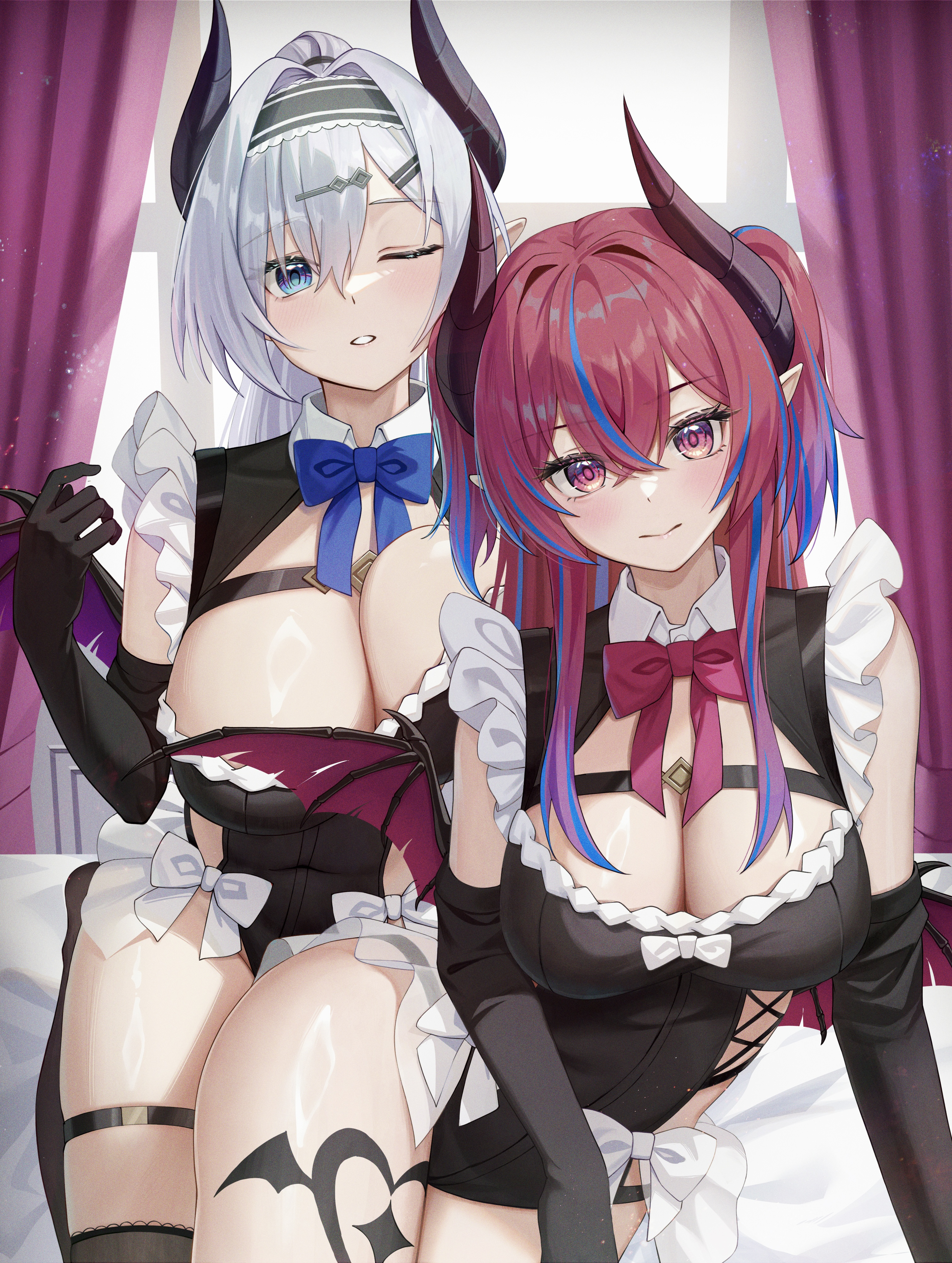 shakkiyi, original, absurdres, highres, 2girls, bare shoulders, black bodysuit, black gloves, blue bow, blue bowtie, blue eyes, blue hair, blush, bodysuit, bow, bowtie, breasts, cleavage, covered navel, demon, demon girl, demon horns, demon wings, elbow gloves, gloves, grey hair, hair ornament, hairband, hairclip, horns, indoors, large breasts, leg tattoo, long hair, looking at viewer, maid, medium breasts, multicolored hair, multiple girls, one eye closed, pointy ears, red bow, red bowtie, red eyes, red hair, smile, streaked hair, tattoo, thigh strap, wings
