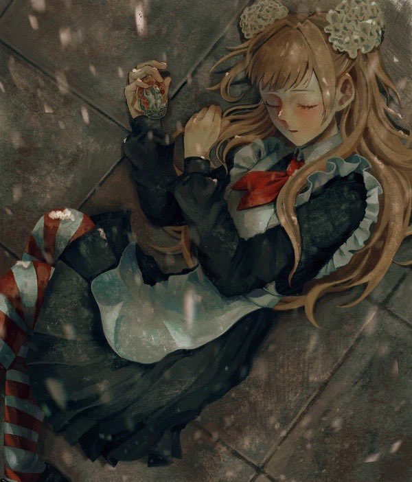 cj6 (zch08894280), nika (flesh blood & concrete), flesh blood & concrete, 1girl, apron, black dress, blonde hair, closed eyes, dress, frilled apron, frills, hair ornament, hair scrunchie, long hair, long sleeves, neckerchief, on floor, pantyhose, red neckerchief, school uniform, scrunchie, snowing, solo, soviet school uniform, striped clothes, striped pantyhose, two side up, white apron, white scrunchie