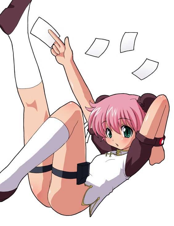 shishimaru ken'ya, anita king, r.o.d the tv, read or die, 00s, 1girl, :o, aqua eyes, arm up, ass, blush, bottomless, bun cover, chinese clothes, double bun, embarrassed, female focus, flat ass, flat chest, flying paper, hair bun, kneehighs, legs, legs up, loli, lying, no panties, on back, open mouth, paper, pink hair, raglan sleeves, shoes, short hair, simple background, socks, solo, thigh strap, turtleneck, white background, wristband