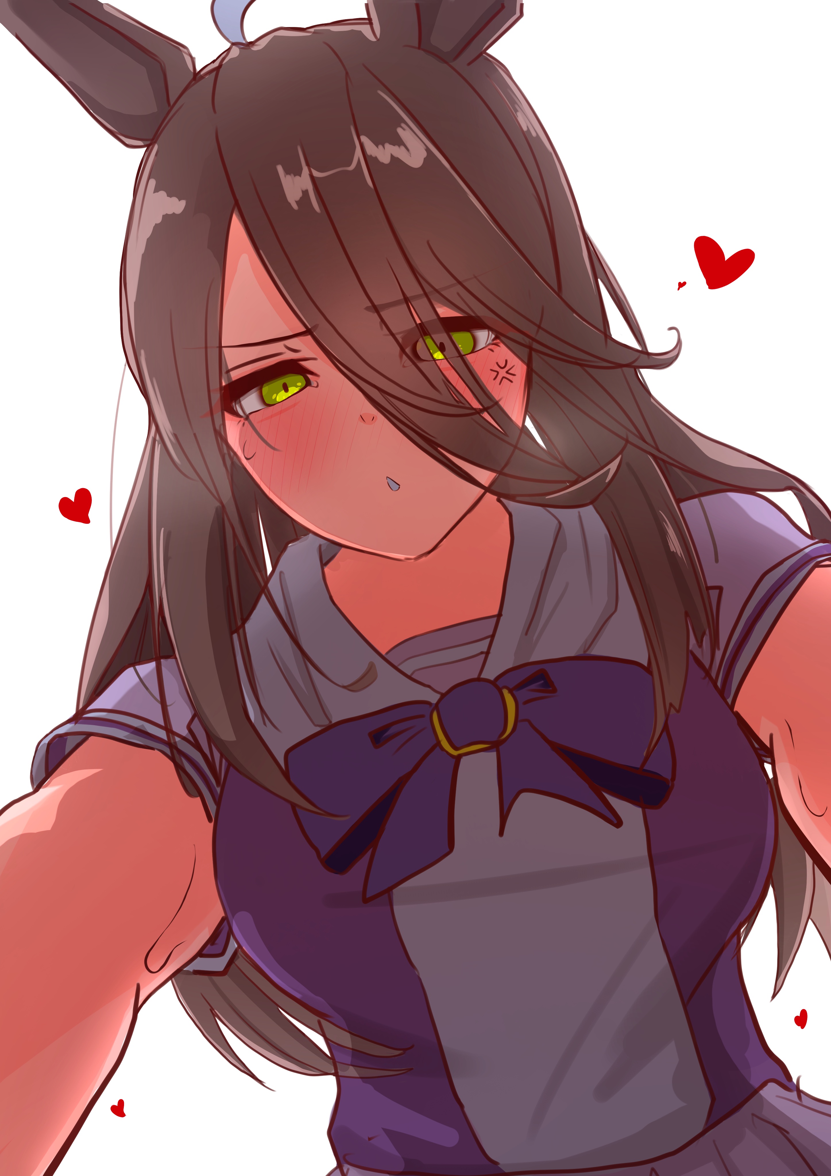 nekomeharu0608, manhattan cafe (umamusume), umamusume, absurdres, highres, 1girl, ahoge, alternate breast size (larger), anger vein, animal ears, black hair, blush, bow, bowtie, breasts, embarrassed, eyes visible through hair, hair between eyes, heart, horse ears, horse girl, large breasts, long bangs, long hair, long hair between eyes, looking at viewer, multicolored hair, parted lips, pleated skirt, purple bow, purple bowtie, purple shirt, shirt, shirt tucked in, simple background, skirt, solo, sweatdrop, two-tone shirt, very long hair, white background, white hair, white shirt, white skirt, yukadon on viewer