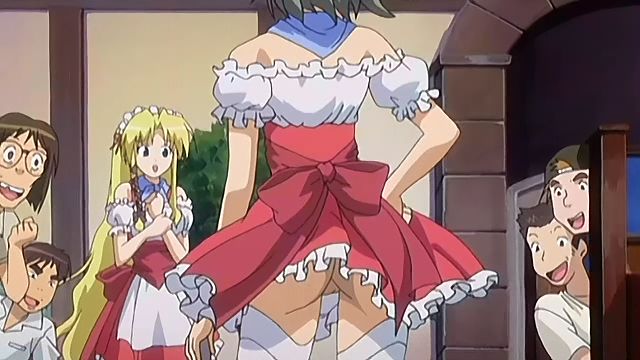 kareha, mayumi thyme, shuffle!, dvd, anime screenshot, jpeg artifacts, 00s, 2girls, 4boys, hand on own hip, multiple boys, multiple girls, no panties, pussy, thighhighs, uncensored, waitress